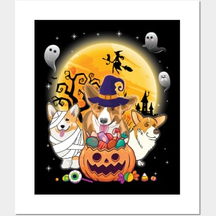 Welsh Corgi Pembroke Dog Mummy Witch Moon Ghosts Happy Halloween Thanksgiving Merry Christmas Day Posters and Art